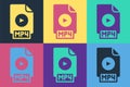 Pop art MP4 file document. Download mp4 button icon isolated on color background. MP4 file symbol. Vector Royalty Free Stock Photo