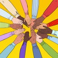 Pop Art Multicultural Hands. Multiethnic People Teamwork. Togetherness, Partnership, Friendship Concept