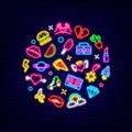 Pop art neon circle layout with vintage icons. 1960s retro style. Pizza, ice cream and roller skate. Vector illustration