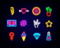 Pop art neon icons collection. Ice cream and donut. Cactus, star and diamond. Vector stock illustration