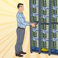 Pop Art Network Engineer Working with Hardware Data Center. Royalty Free Stock Photo