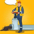 Pop Art Oilman Works with Oil Pipe. Petrochemical Worker Royalty Free Stock Photo