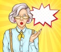 Pop art old woman surprised wow face expression