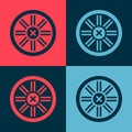 Pop art Old wooden wheel icon isolated on color background. Vector
