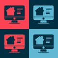 Pop art Online real estate house on monitor icon isolated on color background. Home loan concept, rent, buy, buying a Royalty Free Stock Photo