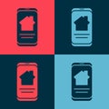 Pop art Online real estate house on smartphone icon isolated on color background. Home loan concept, rent, buy, buying a property Royalty Free Stock Photo