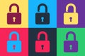 Pop art Open padlock icon isolated on color background. Opened lock sign. Cyber security concept. Digital data