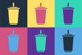 Pop art Paper glass with drinking straw and water icon isolated on color background. Soda drink glass. Fresh cold Royalty Free Stock Photo