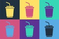 Pop art Paper glass with drinking straw and water icon isolated on color background. Soda drink glass. Fresh cold Royalty Free Stock Photo