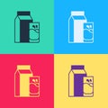 Pop art Paper package for kefir and glass icon isolated on color background. Dieting food for healthy lifestyle and Royalty Free Stock Photo