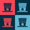 Pop art Patriotic American top hat icon isolated on color background. Uncle Sam hat. American hat independence day