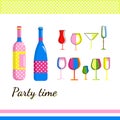 Champagne bottles and different types,form wine glasses in Pop Art style.Collection for Home Party. Bar utensils in trendy colors.