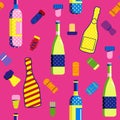 Seamless pattern in Pop Art style with champagne and wine bottles and Cork stoppers. Different types and forms bungs and plugs for