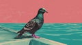 Pop Art Pigeon On Ledge: Dark Pink And Light Emerald Aesthetics