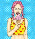 Pop art pin up young girl eating ice cream Royalty Free Stock Photo