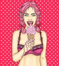 Pop art pin up young girl eating ice cream Royalty Free Stock Photo