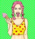 Pop art pin up young girl eating ice cream Royalty Free Stock Photo