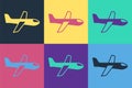 Pop art Plane icon isolated on color background. Flying airplane icon. Airliner sign. Vector Royalty Free Stock Photo