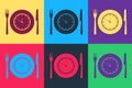 Pop art Plate with clock, fork and knife icon isolated on color background. Lunch time. Eating, nutrition regime, meal Royalty Free Stock Photo