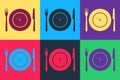Pop art Plate with clock, fork and knife icon isolated on color background. Lunch time. Eating, nutrition regime, meal Royalty Free Stock Photo