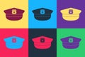 Pop art Police cap with cockade icon isolated on color background. Police hat sign. Vector