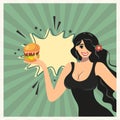 Pop art poster with a cute sexy girl showing a hamburger. Woman makes sandwiches at home. Vector design with brunette in Royalty Free Stock Photo