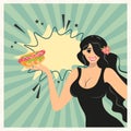 Pop art poster with a girl showing a hot dog. Woman makes sandwiches at home. Vector design with brunette in mid century