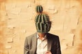 Pop art postmodern style collage. Illustration of business man with cactus on the head depicting headache. Royalty Free Stock Photo