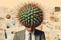 Pop art postmodern style collage. Illustration of business man with cactus on the head depicting headache. Royalty Free Stock Photo