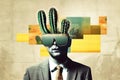 Pop art postmodern style collage. Illustration of business man with cactus on the head depicting headache. Royalty Free Stock Photo