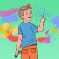 Pop Art Preschool Boy Drawing on the Wall. Joyful Child Painting with Crayons on Wallpaper