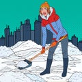 Pop Art Pretty Woman Clearing Snow with Shovel. Winter Snowfall in the City