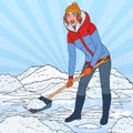 Pop Art Pretty Woman Clearing Snow with Shovel. Winter Snowfall