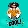 Pop Art Pretty Woman Posing with Thumb Up Sign. Joyful Teenager Girl Vintage Poster. Pin Up Advertising Placard Banner Royalty Free Stock Photo