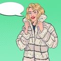 Pop Art Pretty Woman Posing in Warm Fur Coat. Girl in Winter Clothes