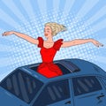 Pop Art Pretty Woman Standing in a Car Sunroof with Arms Wide Open Royalty Free Stock Photo