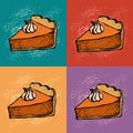 Pop art Pumpkin pie with cream background. Hand drawn sketch of the pie piece. Thanksgiving Day vector illustration. Pattern For