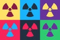 Pop art Radioactive icon isolated on color background. Radioactive toxic symbol. Radiation Hazard sign. Vector Royalty Free Stock Photo