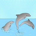 Pop Art. Raster of imitation retro comic style. Rest on the sea, three dolphins play in the water. Royalty Free Stock Photo