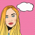 Pop art redhead woman smilig and thinking with thought cloud. Retro blonde girl smilling, vector illustration Royalty Free Stock Photo