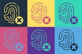 Pop art Rejection fingerprint icon isolated on color background. Access denied for user concept. Error, fraud