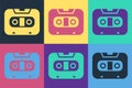 Pop art Retro audio cassette tape icon isolated on color background. Vector Royalty Free Stock Photo