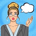 Pop art retro comic style portrait of caucasian blonde businesswoman in suit and glasses pointing finger on speech bubble