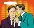 Pop art retro comic vector illustration. Two businessman talk to each other. Man tell business secret his friend. Speech