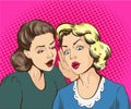 Pop art retro comic vector illustration. Woman whispering gossip or secret to her friend Royalty Free Stock Photo
