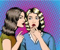 Pop art retro comic vector illustration. Woman whispering gossip or secret to her friend Royalty Free Stock Photo