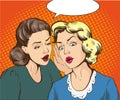 Pop art retro comic vector illustration. Woman whispering gossip or secret to her friend. Speech bubble. Royalty Free Stock Photo