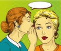 Pop art retro comic vector illustration. Woman whispering gossip or secret to her friend. Royalty Free Stock Photo