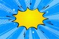 Pop art retro comic. Yellow-blue background superhero. Lightning blast halftone dots. Cartoon vs. Vector . Royalty Free Stock Photo