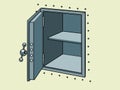 Pop Art Retro Empty metal open safe. The problem of theft and leakage of financial investments. Working on bank security